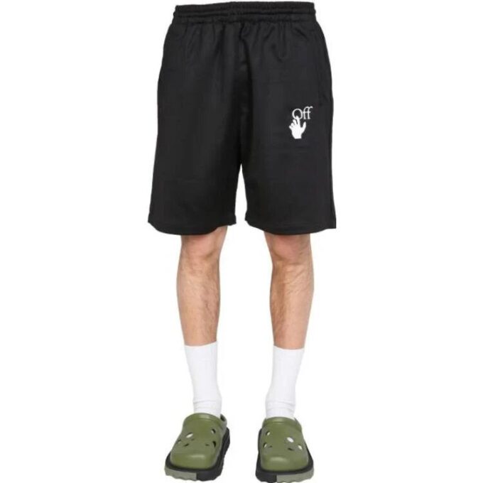 Off-White Men’ s SS22 Solid Color Logo Printing Elastic Waistband Straight Shorts Ordinary Version Black