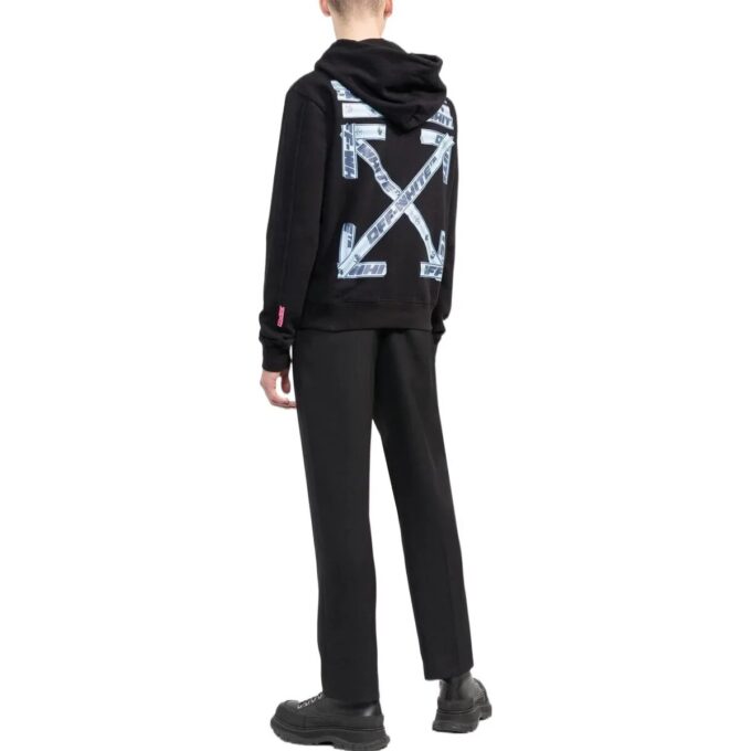 Off-White Men’ s SS22 Solid Color Logo Printing Hooded Long Sleeves Black