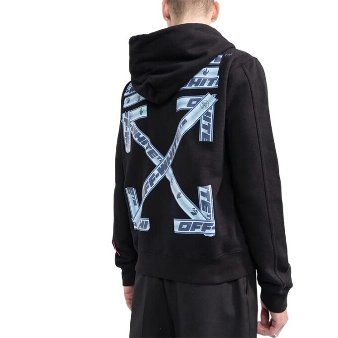 Off-White Men’ s SS22 Solid Color Logo Printing Hooded Long Sleeves Black
