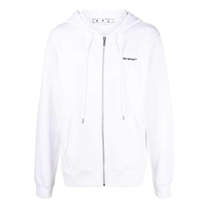 Off-White Men’ s SS22 Solid Color Logo Printing Zipper Hooded Long Sleeves Version White Jacket