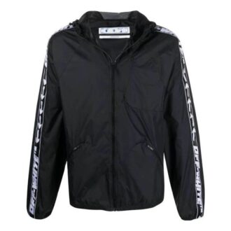 Off-White Men’ s SS22 Splicing Retro Sports Logo Jacquard Zipper Hooded Jacket Black