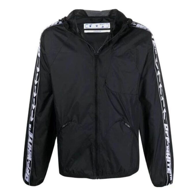 Off-White Men’ s SS22 Splicing Retro Sports Logo Jacquard Zipper Hooded Jacket Black