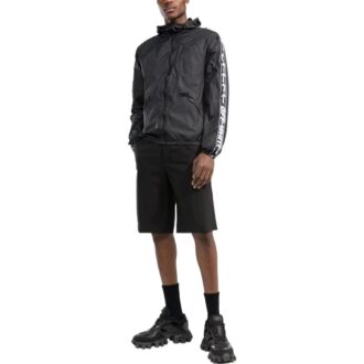 Off-White Men’ s SS22 Splicing Retro Sports Logo Jacquard Zipper Hooded Jacket Black