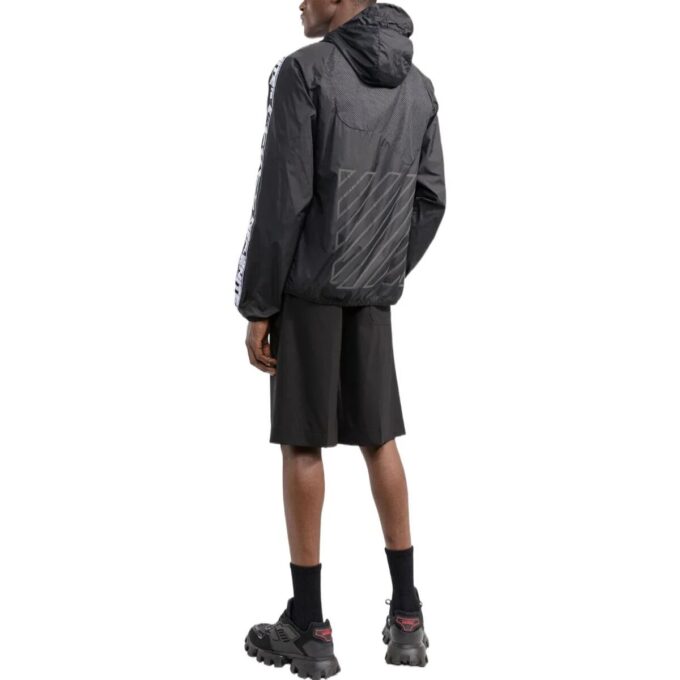 Off-White Men’ s SS22 Splicing Retro Sports Logo Jacquard Zipper Hooded Jacket Black