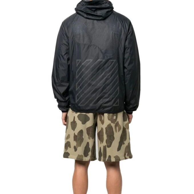 Off-White Men’ s SS22 Splicing Retro Sports Logo Jacquard Zipper Hooded Jacket Black