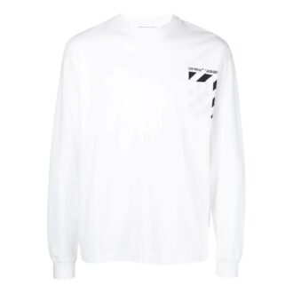 Off-White Men’ s SS22 Stripe Logo Printing Pullover Round Neck Long Sleeves White T-Shirt