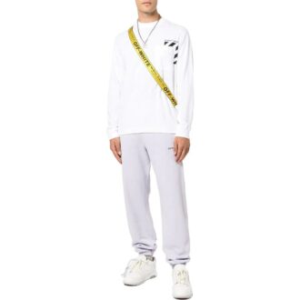 Off-White Men’ s SS22 Stripe Logo Printing Pullover Round Neck Long Sleeves White T-Shirt