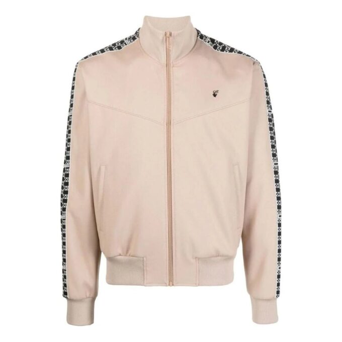 Off-White Men’ s SS22 Stripe Splicing High Collar Zipper Long Sleeves Version Khaki Jacket