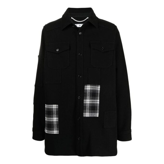Off-White Men’ s SS22 Version Logo Printing Plaid Pocket Lapel Jacket Black