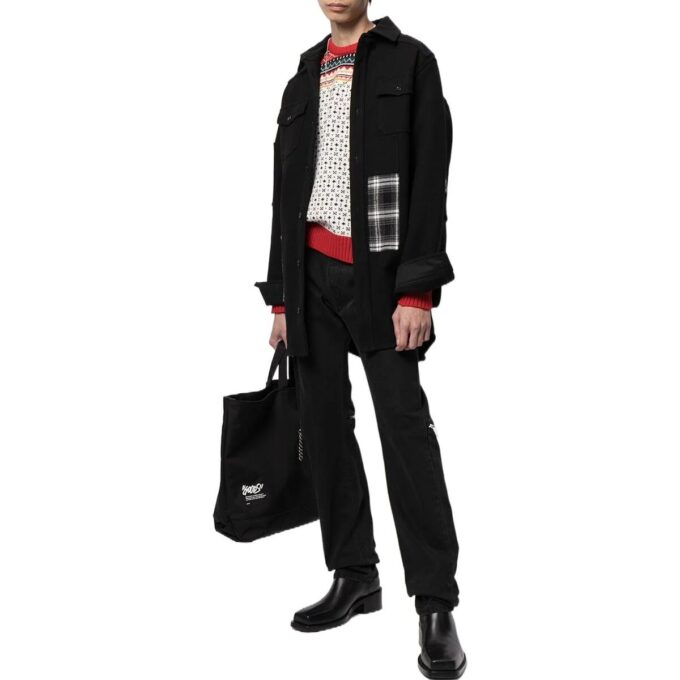 Off-White Men’ s SS22 Version Logo Printing Plaid Pocket Lapel Jacket Black