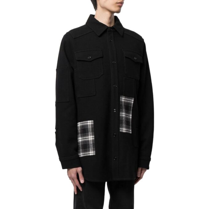 Off-White Men’ s SS22 Version Logo Printing Plaid Pocket Lapel Jacket Black