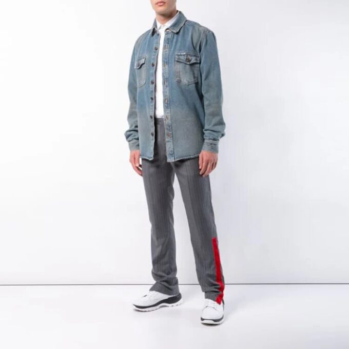 Off-White Men’ s Stripe Pattern Casual Long Pants/Trousers Slim Fit Gray