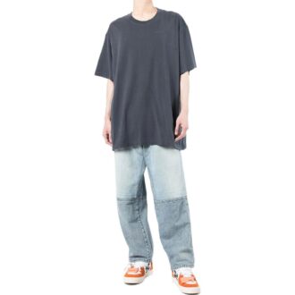 Off-White Men’ s Stripe Printing Short Sleeve Loose Fit Navy Blue T-Shirt