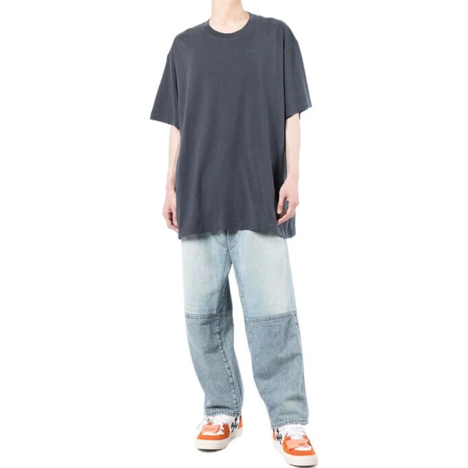 Off-White Men’ s Stripe Printing Short Sleeve Loose Fit Navy Blue T-Shirt