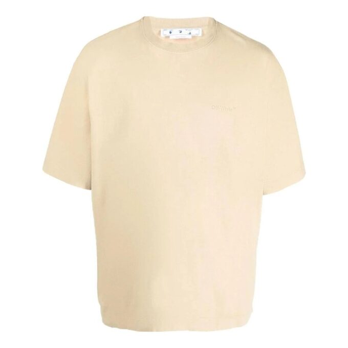Off-White Men’ s Stripe Round Neck Short Sleeve Beige T-Shirt