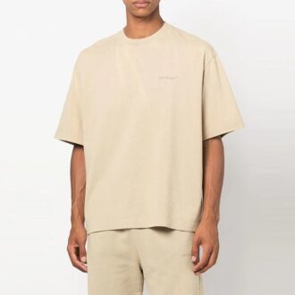 Off-White Men’ s Stripe Round Neck Short Sleeve Beige T-Shirt