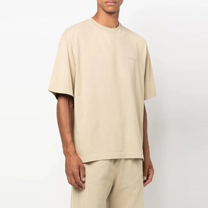 Off-White Men’ s Stripe Round Neck Short Sleeve Beige T-Shirt