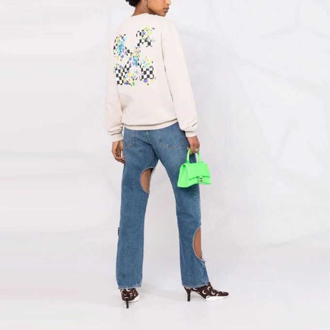 Off-White SS21 Arrows Plaid Flowers Printing Loose Fit Creamy White Hoodie