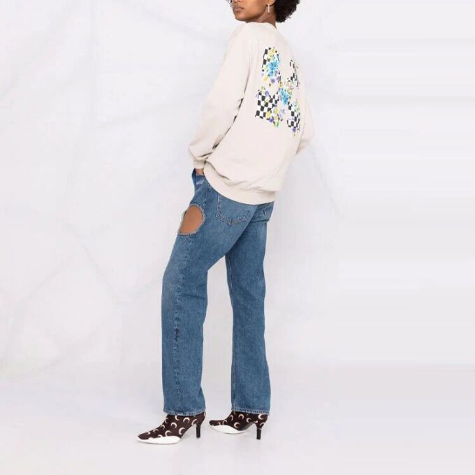 Off-White SS21 Arrows Plaid Flowers Printing Loose Fit Creamy White Hoodie