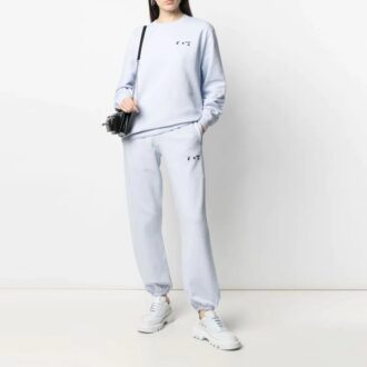 Off-White SS21 Chest Logo Embroidered Round Neck Light Blue Hoodie