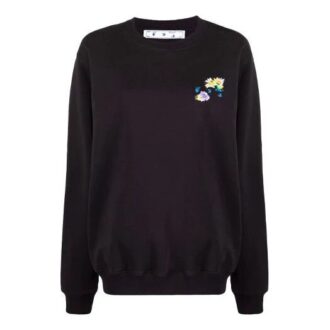 Off-White SS21 Plaid Flowers Printing Round Neck Long Sleeves Black Hoodie