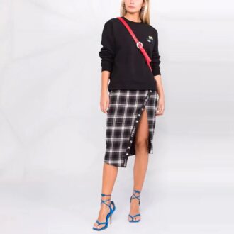 Off-White SS21 Plaid Flowers Printing Round Neck Long Sleeves Black Hoodie