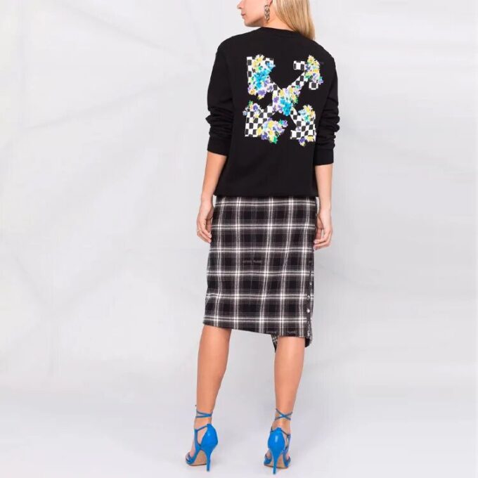 Off-White SS21 Plaid Flowers Printing Round Neck Long Sleeves Black Hoodie