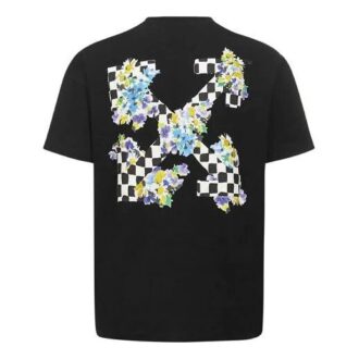 Off-White SS21 Plant Flower Plaid Round Neck Short Sleeve Slim Fit Black T-Shirt