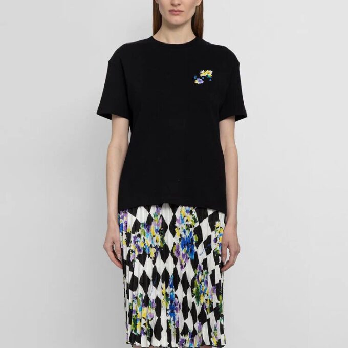 Off-White SS21 Plant Flower Plaid Round Neck Short Sleeve Slim Fit Black T-Shirt