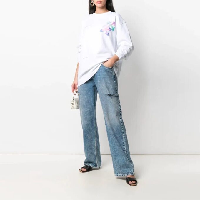Off-White SS21 Printing Logo Pattern Round Neck Pullover Loose Fit White Hoodie