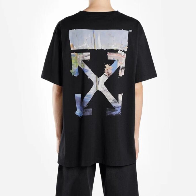Oversize Painting Arrow Printing Cotton Round Neck Short Sleeve Loose Fit Black