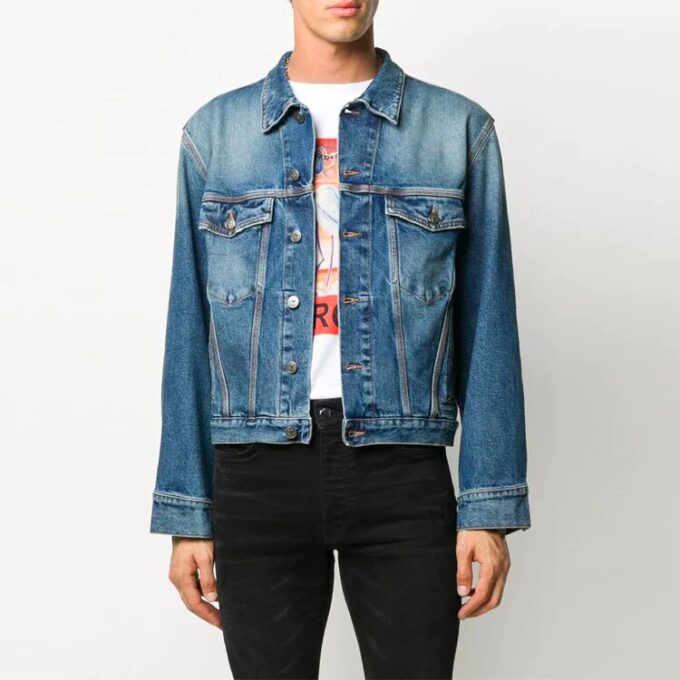 Pattern Printing Denim Jacket Loose Fit Blue