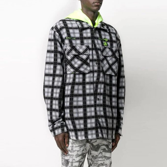 Plaid hooded Long Sleeves Shirt Loose Fit Black