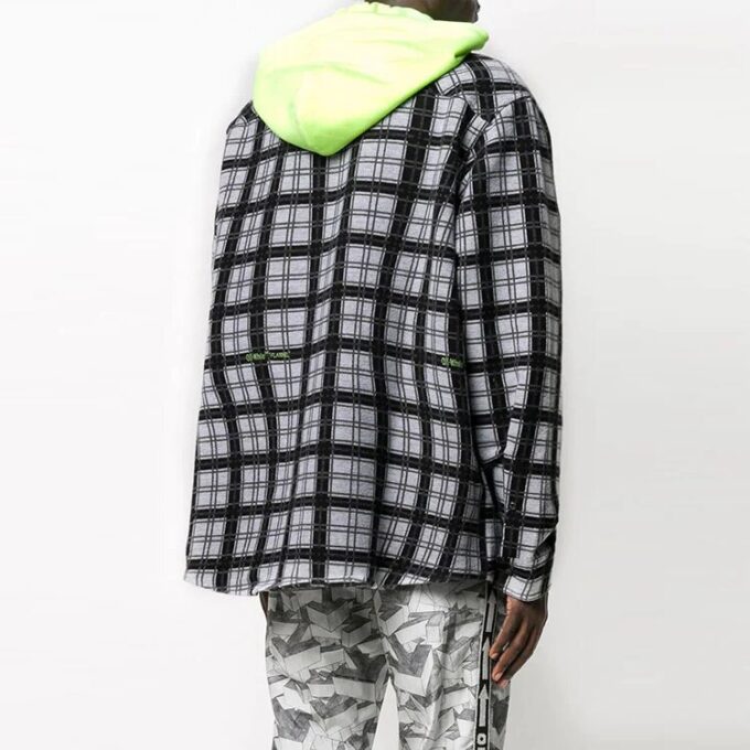 Plaid hooded Long Sleeves Shirt Loose Fit Black