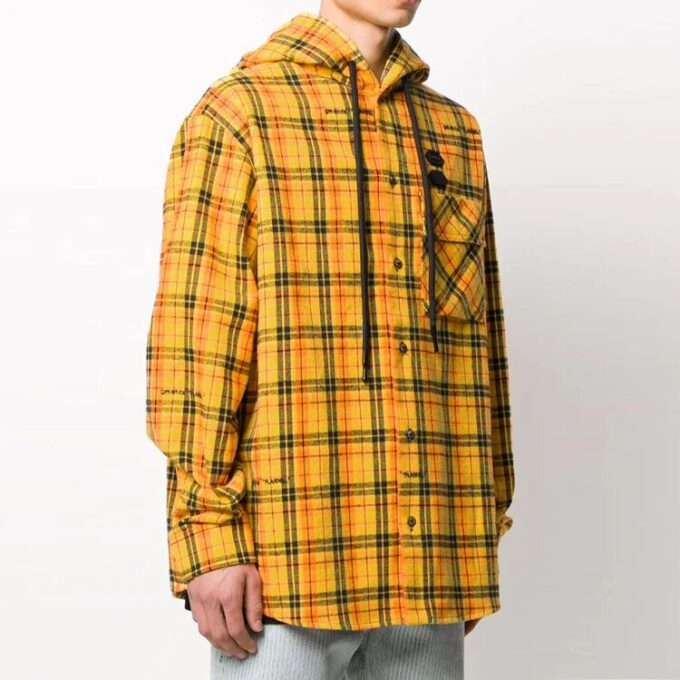 Plaid Printing Hooded Jacket Loose Fit Yellow