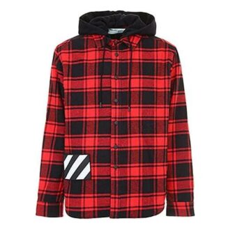 Plaid Splicing hooded Shirt Red Black Plaid “Red Black”