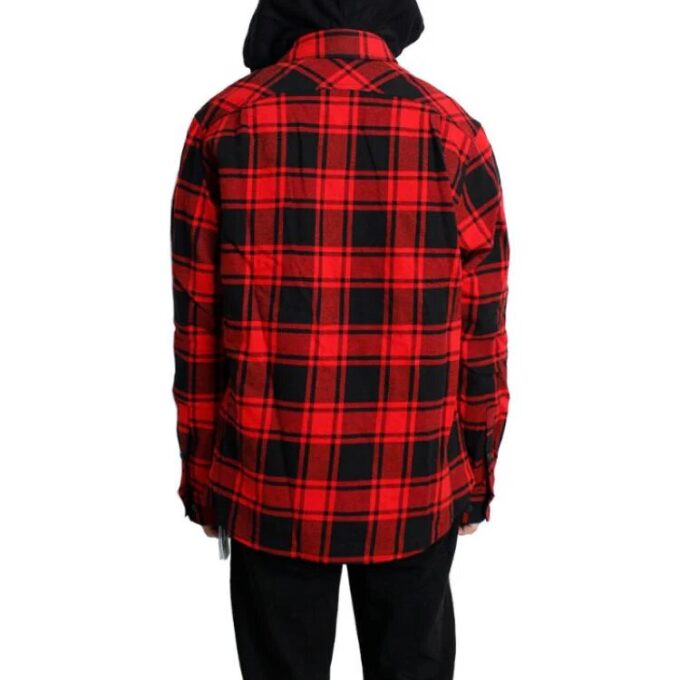 Plaid Splicing hooded Shirt Red Black Plaid “Red Black”