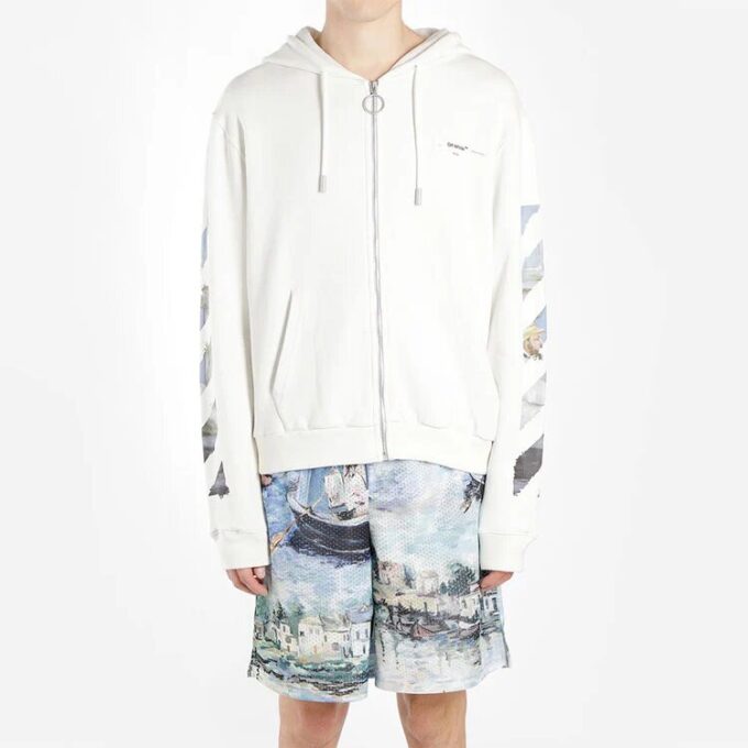 Printing Arrow Zip-up Hooded Fleece Men White