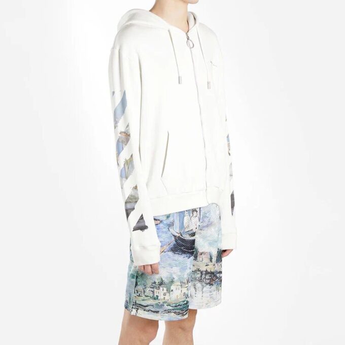 Printing Arrow Zip-up Hooded Fleece Men White