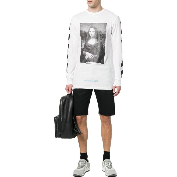 Printing Mona Lisa Long Sleeves Loose Fit Unisex White T-Shirt