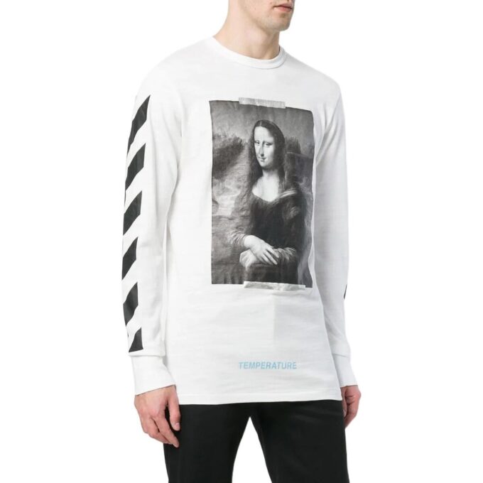 Printing Mona Lisa Long Sleeves Loose Fit Unisex White T-Shirt