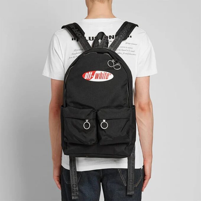 Red White Logo Multiple Pockets backpack schoolbag Black