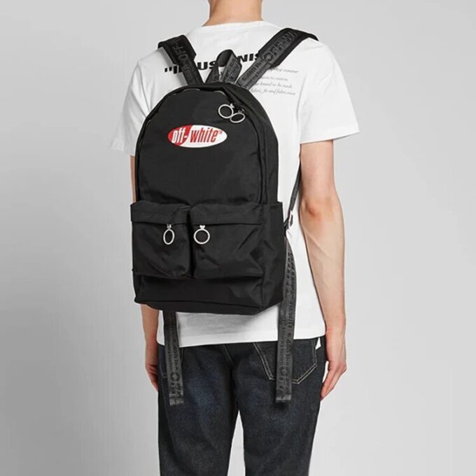 Red White Logo Multiple Pockets backpack schoolbag Black