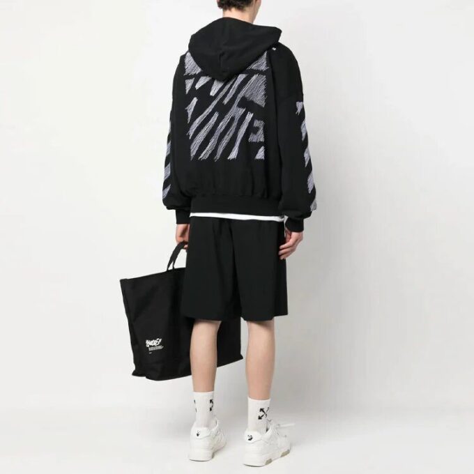 Scribble Diag-print Cotton Hoodie “Black”