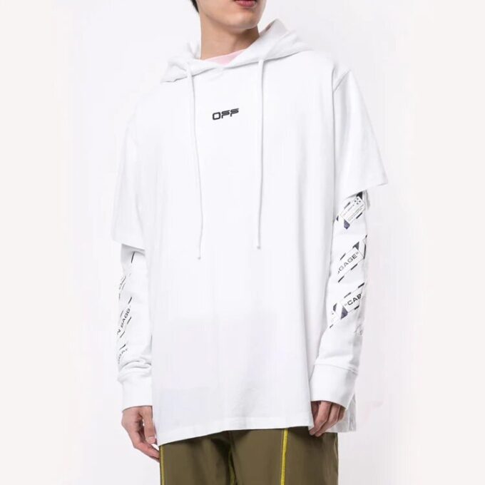 SS20 Airport Tape Printing Hooded Sweater Men White