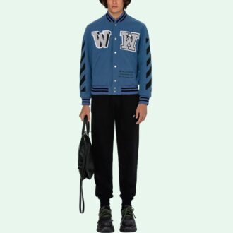 SS21 Alphabet Pattern Long Sleeves Baseball Collar Jacket Blue