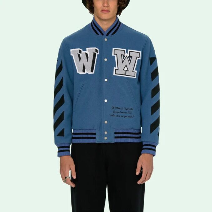SS21 Alphabet Pattern Long Sleeves Baseball Collar Jacket Blue