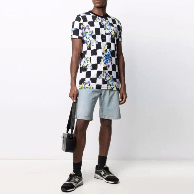 SS21 Cotton Flowers Plaid Short Sleeve Black White T-Shirt