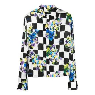 SS21 Flowers Printing Plaid lapel Long Sleeves Shirt Slim Fit Version Black