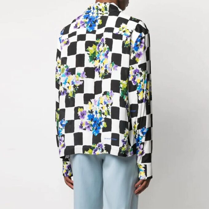 SS21 Flowers Printing Plaid lapel Long Sleeves Shirt Slim Fit Version Black